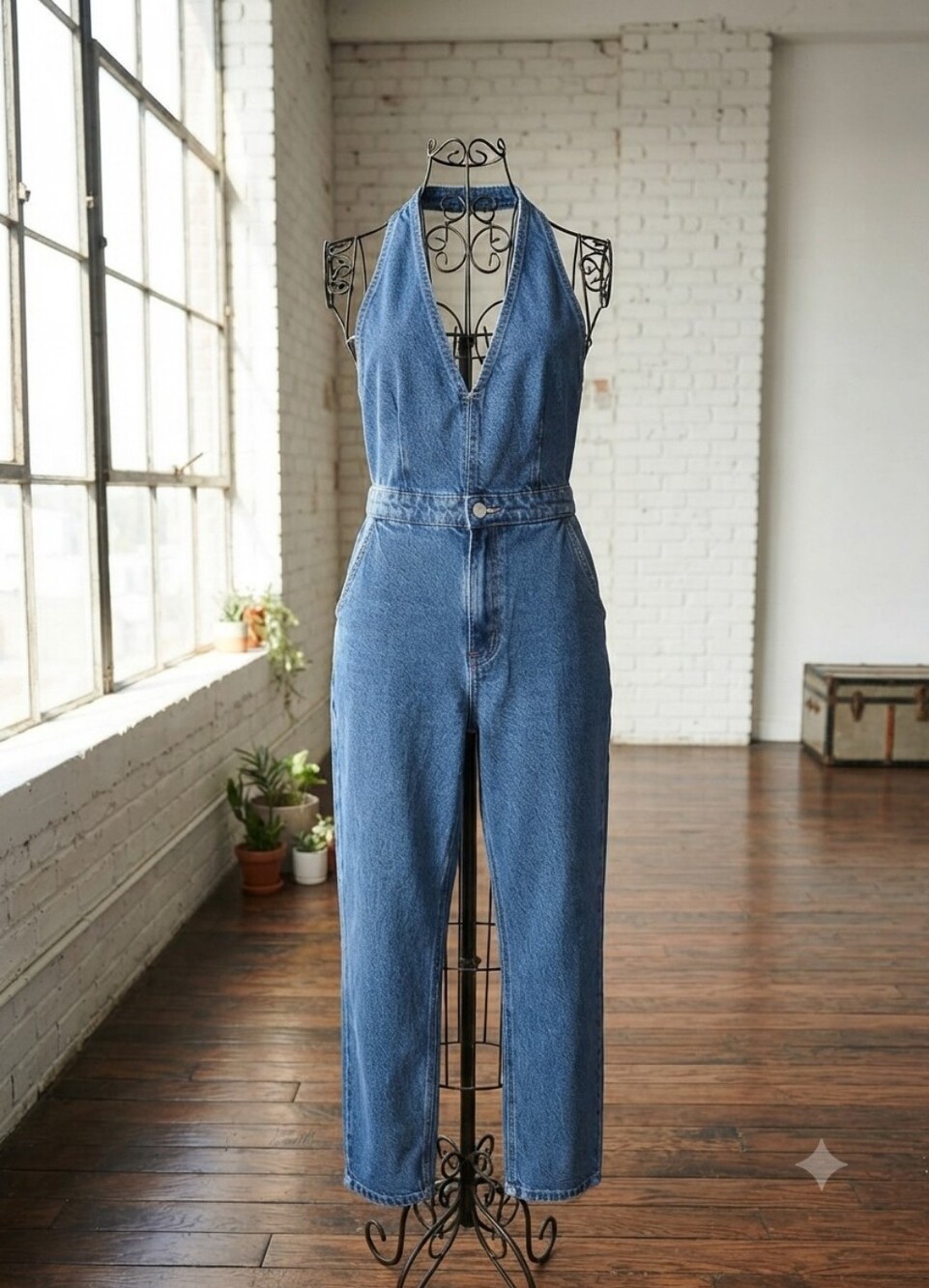 SHEIN Blue Denim Halter Romper Jumpsuit